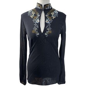 Vivienne Tam Early 90s Hong Kong Embroidered Top Keyhole Mandarin Collar Black